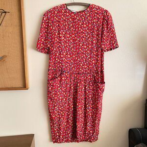 80s Vintage Size 12 Neiman Marcus Red 100% Silk Dress Colorful Spotted w Pockets